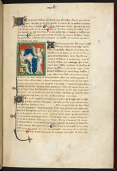 John seated, writing; an angel stands behind his desk, from The Queen Mary Apocalypse