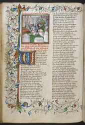 Miniature of Hector slaying Patroculus, with an illuminated initial 