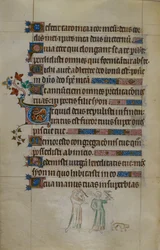 Bas-de-page scene of two women carrying hawks, and a small dog in front of them, with an inhabited initial, illustration from the 