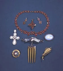 Ruby Necklace and Earring Set; Opal and Diamond Brooch; Pietra Dura Brooch; Hair Comb with Plique-a-jour Enamel