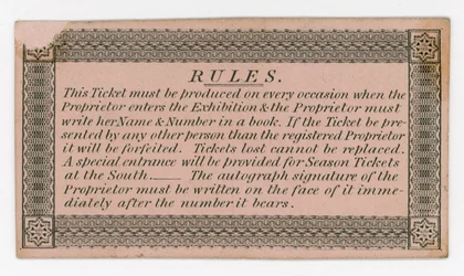 Season Ticket for Admission to the Great Exhibition of 1851, Reverse, Showing Rules