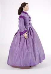 Side view of a purple day dress, 1860s