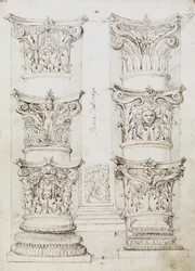 Six Capitals, a Lesene and Two Column Bases, Folio 1, The Master of the Oxford Album, c.1512-17