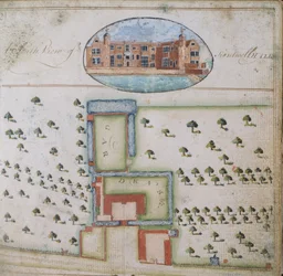 South View of Kentwell Hall, from the Survey of the Estate of Richard Moore, Esq., Kentwell Hall, Suffolk, 1777
