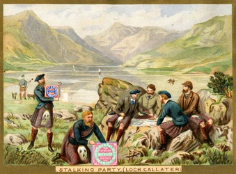 Stalking Party, Loch Callater, a promotional card for Huntley & Palmers Biscuits, c.1890