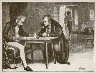 The Agents of Britain and Sweden signing the treaty against Napoleon, illustration from Cassell