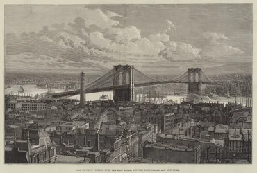The Brooklyn Bridge over the East River, between Long Island and New York (engraving)