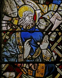Window depicting a prophet (composite figure) with jewels of inset coloured glass