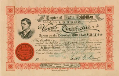 The Empire of India Exhibition, London, Official Visitors Certificate of an Ascent on the Biggest Wheel on Earth; the Great Wheel, Earls Court