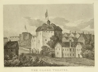 The Globe Theatre on the Bankside as it appeared in the reign of James I, after an engraving c.1612, published 1810