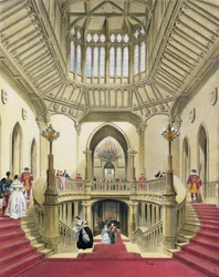 The Grand Staircase, Windsor Castle, from A History of the Royal Residences by William Henry Pyne, 1838