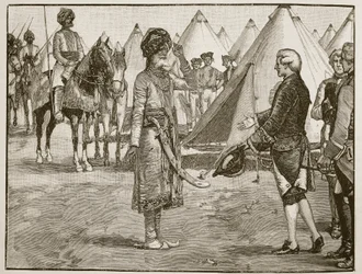 The Great Moghul entering the English camp, 1765, illustration from Cassell