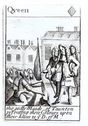 The Maids of Taunton Kneeling before the Duke of Monmouth, 18th June 1685, Queen of Diamonds Playing Card from a Set Commemorating Monmouth