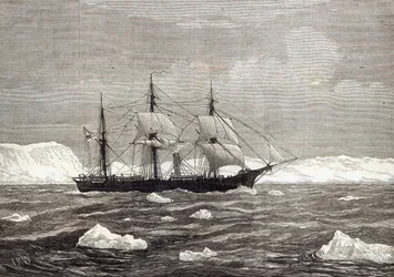 The North Pole Expedition: The Alert hoisting colours in honour of having attained the highest latitude of any ship on record, from 