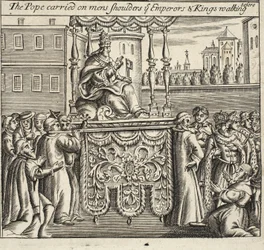 The Pope carried on mens shoulders, ye Emperors and Kings walking before, illustration from Acts and Monuments by John Foxe, ninth edition, pub. 1684