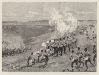 The Review and Sham Fight before the Emperor of Germany, Charge of the First Royal Dragoons upon the Attacking Infantry