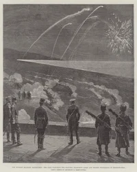 The Russian Military Manoeuvres, the Czar watching the Electric Searching Light and Rocket signalling at Krasnoe-Selo