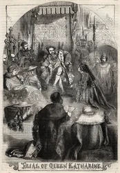 The Trial of Queen Catherine of Aragon in 1529, the first wife of Henry VIII, whose marriage to the King was annulled. Engraving from 