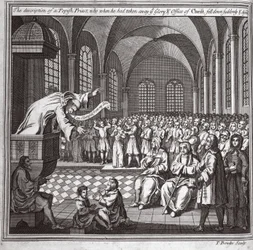 The description of a Popish priest, who when he had taken away the Glory and office of Christ, fell down suddenly and died, illustration from Foxe