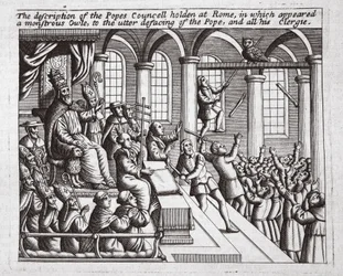 The description of the Popes Council held at Rome, in which appeared a monstrous Owl, to the utter defacing of the Pope, and all his clergy, illustration from Acts and Monuments by John Foxe, ninth edition