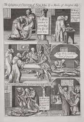 The description of the poisoning of King John by a monk of Swinstead Abbey in Lincolnshire, illustration from Acts and Monuments by John Foxe, ninth edition, pub. 1684