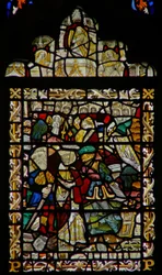 The east window depicting St John on Patmos; angel musicians in the canopy
