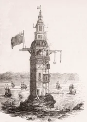 The first lighthouse erected on Eddystone Rocks, Plymouth, Devon, England