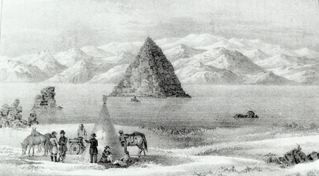 The howitzer at Pyramid Lake in January 1844, from Report of the Exploring Expedition to the Rocky Mountains in 1842 and to Oregon and North Carolina in 1843-44 by John C. Fremont, published 1845