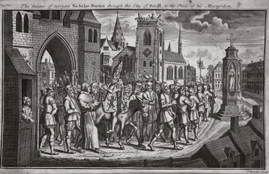 The manner of carrying Nicholas Burton through the city of Seville to the place of his martyrdom, illustration from Foxe
