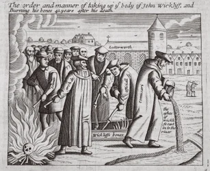 The order and manner of taking up the body of John Wickliff, and burning his bones 44 years after his death, illustration from Acts and Monuments by John Foxe, ninth edition, pub. 1684