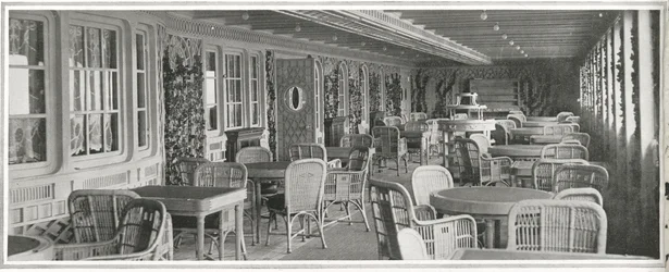 The sumptuous Parisian cafe on Titanic, with its trelliswork and climbing plants, from 