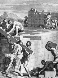 The walls of towns among the Gauls are built of alternative courses of Stones and Beams, engraved by Cornelis Huyberts, illustration to Caesars Commentaries translated into English by William Duncan