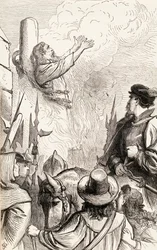 Thomas Hawkes burned at the stake during the Marian Persecutions, c.1865