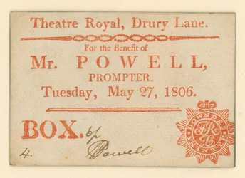 Ticket for Drury Lane Theatre, London: For the Benefit of Mr Powell, prompter, 27 May 1806