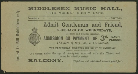 Ticket for the Middlesex Music Hall, The Mogul, Drury Lane, London