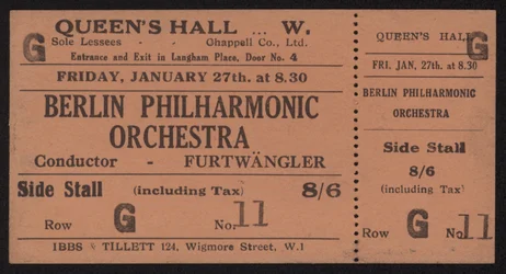 Ticket to a concert by the Berlin Philharmonic Orchestra, Queens Hall, London Friday, January 27th, 1928