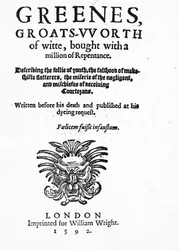 Titlepage to Greenes Groats-Worth of Wit, attributed to Robert Greene, published in 1592
