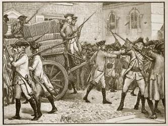 Troops escorting the stamped paper to the City Hall, New York, 1766, illustration from Cassell
