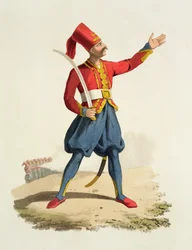Turkish Soldier, from Costumes of the Various Nations, Volume VII, The Military Costume of Turkey, by Thomas MacLean, published c.1800-18