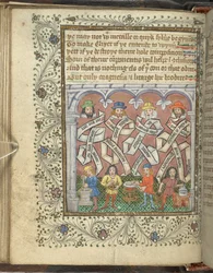 Two men with pestle and mortars, a man holding a gold urn next to a fire, and a man stirring a pot, from 