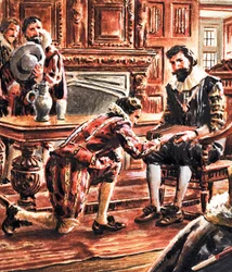 Unidentified man kneeling, handing package over to king