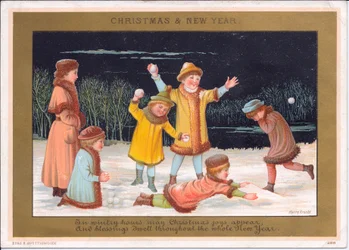 Victorian Christmas and New Year Card of Children Playing in the Snow and Throwing Snowballs, c.1880