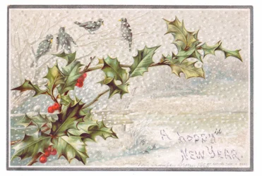 Victorian New Year Card of Birds on Branches in the Falling Snow