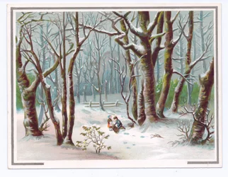 Victorian Greeting Card of Two Children Gathering Branches in the Snow, c.1880