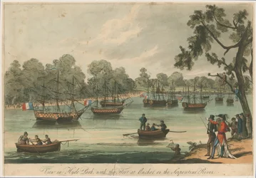 View in Hyde Park with the Fleet at Anchor on the Serpentine River. Naumachia. Peace of 1814
