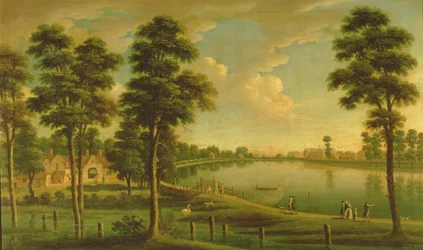 View of Chelsea Reservoir and Waterworks, with Westminster Abbey in the Distance