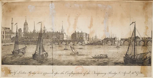 View of London Bridge as it appeared after the conglagration of the temporary bridge, April 11
