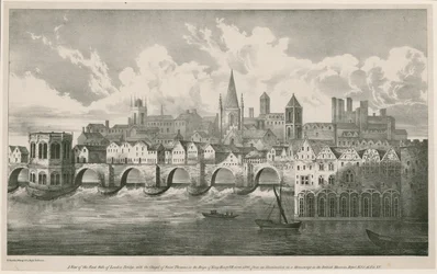 View of Old London Bridge as in the reign of King Henry VII, circa 1500