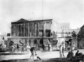 View of a House, Manufactory, and Bazaar, in Calcutta, engraved by Francis Jukes