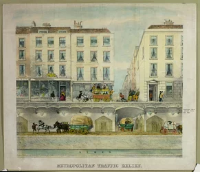 View of a London street with suggested tunnel underneath for traffic relief, c.1850